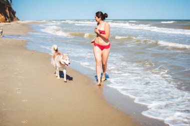 Husky köpekleri ile kız seaside köpek ile jogging sahilde, çalışan genç beyaz kadın