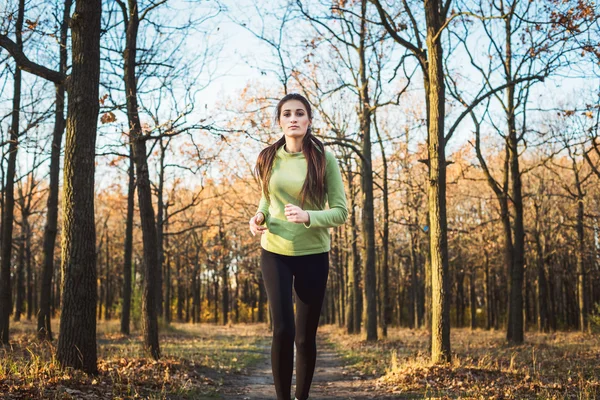 Hun løber i parken. Ung kvinde jogging i efteråret skov - Stock-foto