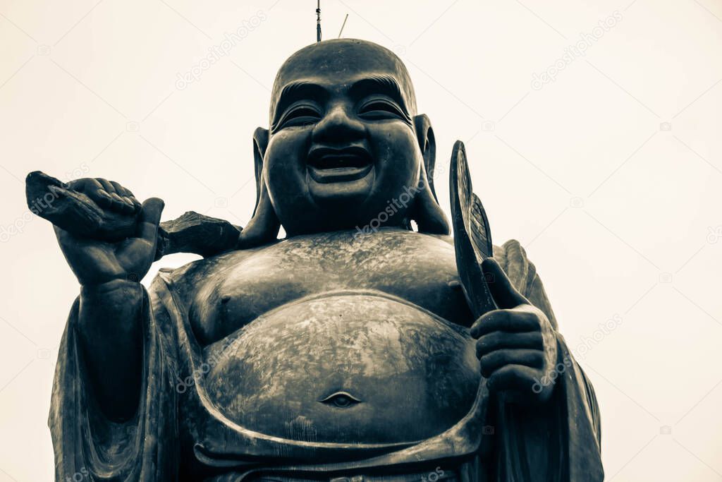 giant buddha statue in vietnam, black and white