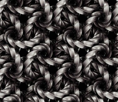Çarpık halkaların üç boyutlu geometrik deseni sonsuz bir zincir oluşturuyor. Black Metal. Kusursuz resim.