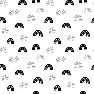Gökkuşağı pürüzsüz desen, siyah beyaz el çizimi kavisli dijital kağıt, soyut gökkuşağı yinelenen arka plan, renk vektör duvar kağıdının tek renkli bandı, şirin yay dekoratif unsur, ambalaj kağıdı için modern gökkuşağı desenleri