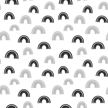 Gökkuşağı pürüzsüz desen, siyah beyaz el çizimi kavisli dijital kağıt, soyut gökkuşağı yinelenen arka plan, renk vektör duvar kağıdının tek renkli bandı, şirin yay dekoratif unsur, ambalaj kağıdı için modern gökkuşağı desenleri