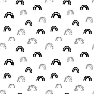 Gökkuşağı pürüzsüz desen, siyah beyaz el çizimi kavisli dijital kağıt, soyut gökkuşağı yinelenen arka plan, renk vektör duvar kağıdının tek renkli bandı, şirin yay dekoratif unsur, ambalaj kağıdı için modern gökkuşağı desenleri