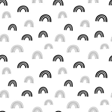 Gökkuşağı pürüzsüz desen, siyah beyaz el çizimi kavisli dijital kağıt, soyut gökkuşağı yinelenen arka plan, renk vektör duvar kağıdının tek renkli bandı, şirin yay dekoratif unsur, ambalaj kağıdı için modern gökkuşağı desenleri