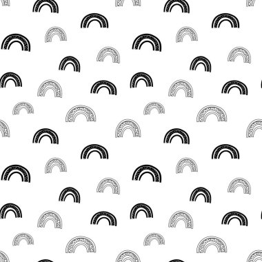 Gökkuşağı pürüzsüz desen, siyah beyaz el çizimi kavisli dijital kağıt, soyut gökkuşağı yinelenen arka plan, renk vektör duvar kağıdının tek renkli bandı, şirin yay dekoratif unsur, ambalaj kağıdı için modern gökkuşağı desenleri