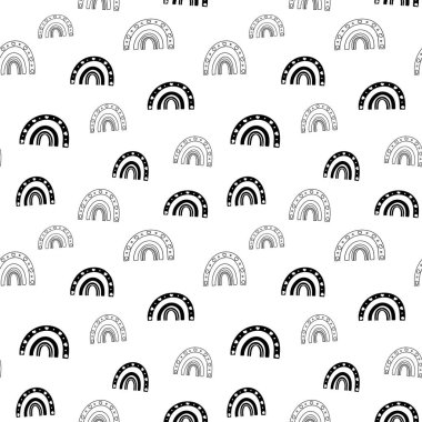 Gökkuşağı pürüzsüz desen, siyah beyaz el çizimi kavisli dijital kağıt, soyut gökkuşağı yinelenen arka plan, renk vektör duvar kağıdının tek renkli bandı, şirin yay dekoratif unsur, ambalaj kağıdı için modern gökkuşağı desenleri