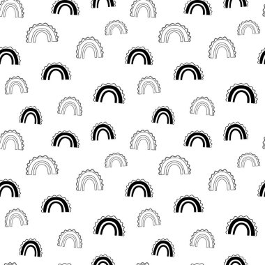 Gökkuşağı pürüzsüz desen, siyah beyaz el çizimi kavisli dijital kağıt, soyut gökkuşağı yinelenen arka plan, renk vektör duvar kağıdının tek renkli bandı, şirin yay dekoratif unsur, ambalaj kağıdı için modern gökkuşağı desenleri