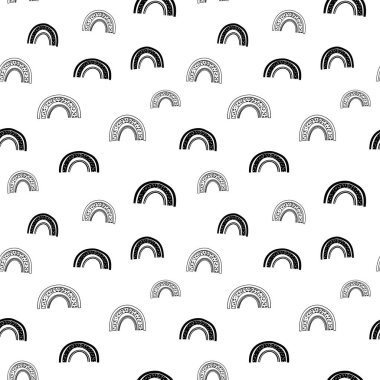 Gökkuşağı pürüzsüz desen, siyah beyaz el çizimi kavisli dijital kağıt, soyut gökkuşağı yinelenen arka plan, renk vektör duvar kağıdının tek renkli bandı, şirin yay dekoratif unsur, ambalaj kağıdı için modern gökkuşağı desenleri