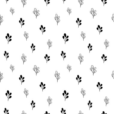 Bitkisiz desen, siyah beyaz ağaç karalama dijital kağıt, özyinelenen soyut bitkiler, monokrom bitki vektör duvar kağıdı, şirin çalı dekoratif element