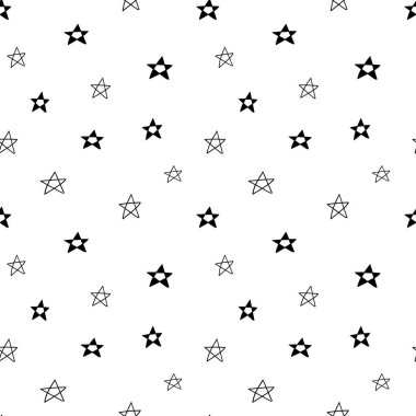Yıldızsız desen, siyah beyaz astral karalama dijital kağıt, soyut yıldızların tekrarlaması arka plan, tek renkli yıldız vektör duvar kağıdı, şirin yıldızlı dekoratif element.