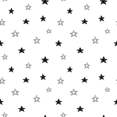 Yıldızsız desen, siyah beyaz astral karalama dijital kağıt, soyut yıldızların tekrarlaması arka plan, tek renkli yıldız vektör duvar kağıdı, şirin yıldızlı dekoratif element.