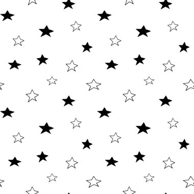 Yıldızsız desen, siyah beyaz astral karalama dijital kağıt, soyut yıldızların tekrarlaması arka plan, tek renkli yıldız vektör duvar kağıdı, şirin yıldızlı dekoratif element.