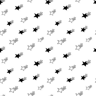 Yıldızsız desen, siyah beyaz astral karalama dijital kağıt, soyut yıldızların tekrarlaması arka plan, tek renkli yıldız vektör duvar kağıdı, şirin yıldızlı dekoratif element.