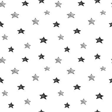 Yıldızsız desen, siyah beyaz astral karalama dijital kağıt, soyut yıldızların tekrarlaması arka plan, tek renkli yıldız vektör duvar kağıdı, şirin yıldızlı dekoratif element.