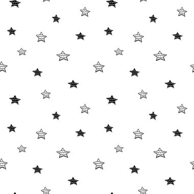 Yıldızsız desen, siyah beyaz astral karalama dijital kağıt, soyut yıldızların tekrarlaması arka plan, tek renkli yıldız vektör duvar kağıdı, şirin yıldızlı dekoratif element.