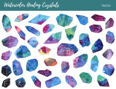 Watercolor, vector gemstones, healing crystals