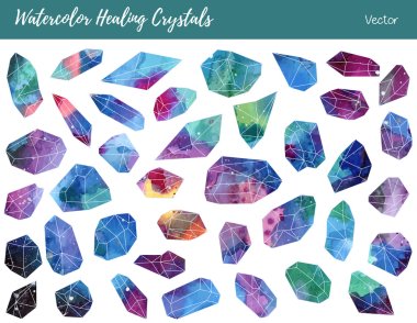 Watercolor, vector gemstones, healing crystals clipart