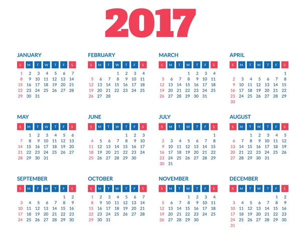 Calendario semplice 2017 modello — Vettoriale Stock