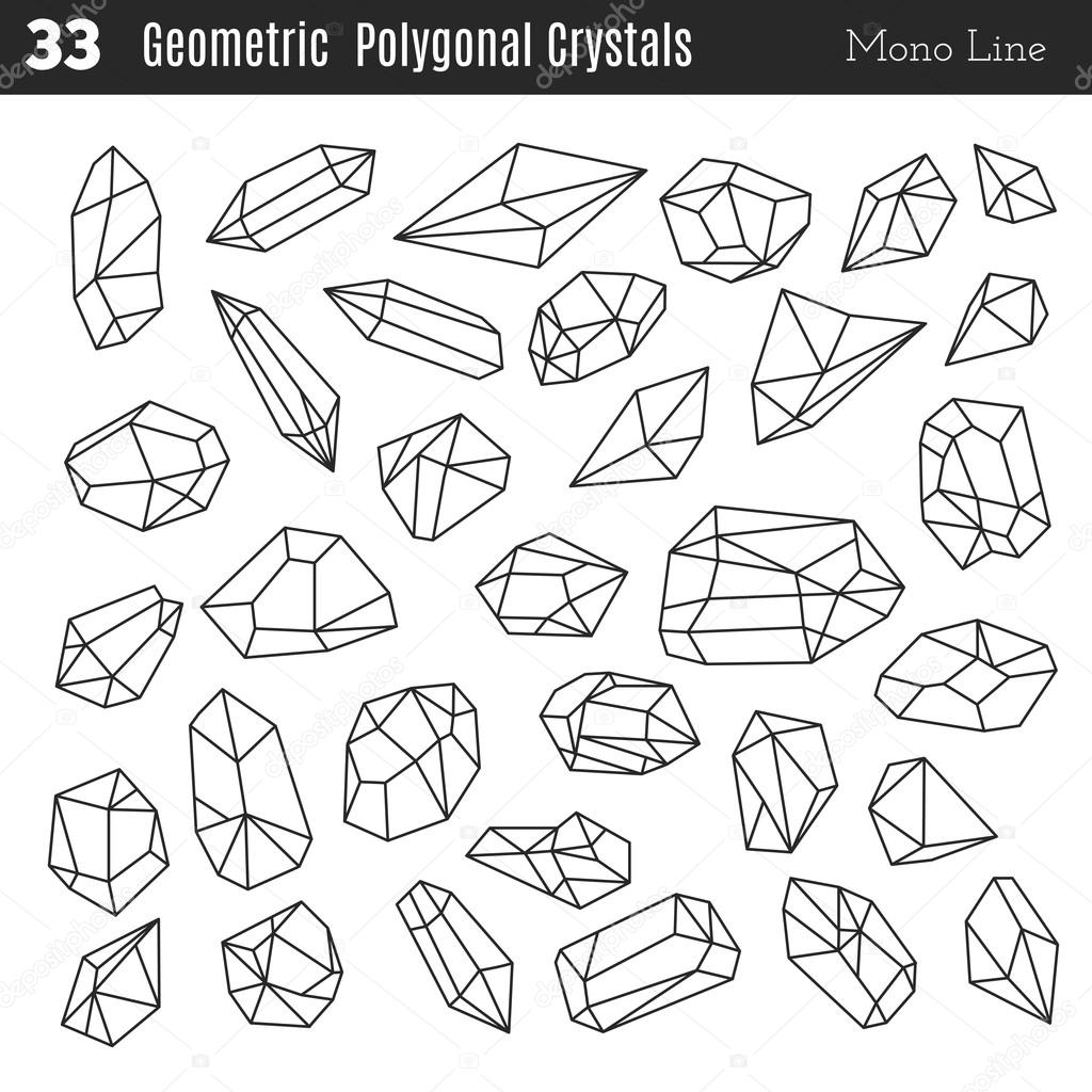 Geometric polygonal crystals in mono line style isolated on white background