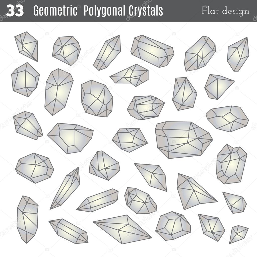 Geometric polygonal crystals in flat style isolated on white background