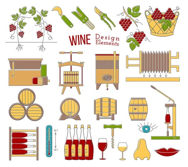 Fabrication de vin et dégustation de vin éléments de conception plats — Image vectorielle