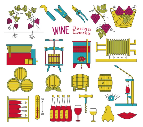Vinificazione e degustazione di vini elementi di design piatto — Vettoriale Stock
