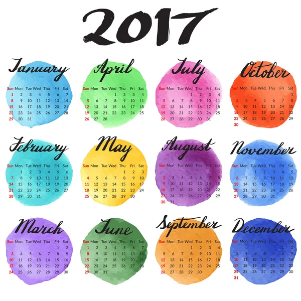 Calendrier Aquarelle 2017 avec lettrage à la main — Image vectorielle