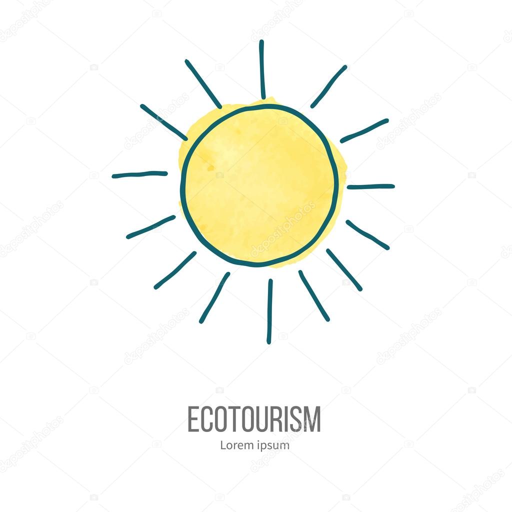 Shining sun. Ecotourism monochromatic line design element on hand painted abstract watercolor texture. Emblem, logo template isolated on white background. Hand drawn doodle vector illustration.