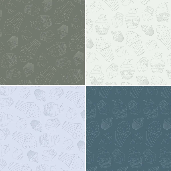 Conjunto de patrones de vectores sin costura con lindos cupcakes dibujados a mano — Archivo Imágenes Vectoriales