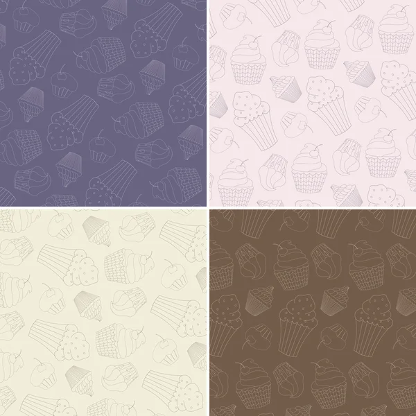 Conjunto de padrões de vetores sem costura com Cupcakes desenhados à mão bonitos — Vetor de Stock