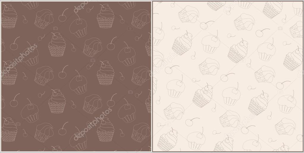 Set of Seamless Vector Patterns with Cute Hand Drawn Cupcakes