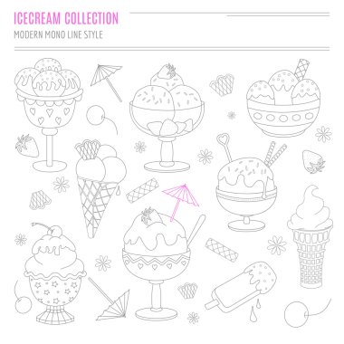 Collection of hand drawn ice cream treats in modern mono line st
