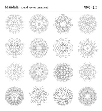 Round geometric ornaments set of had drawn doodle mandalas.