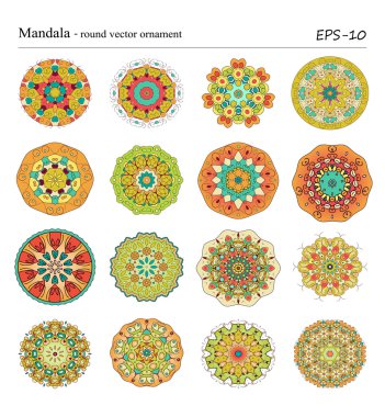 Round geometric ornaments set of had drawn doodle mandalas.