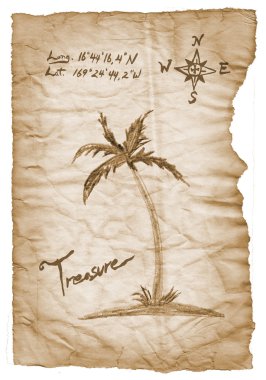 Old treasure map with burned, edges on white background.