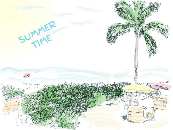 Verctor, volledig bewerkbaar zomertijd achtergrond met aquarel e — Stockvector