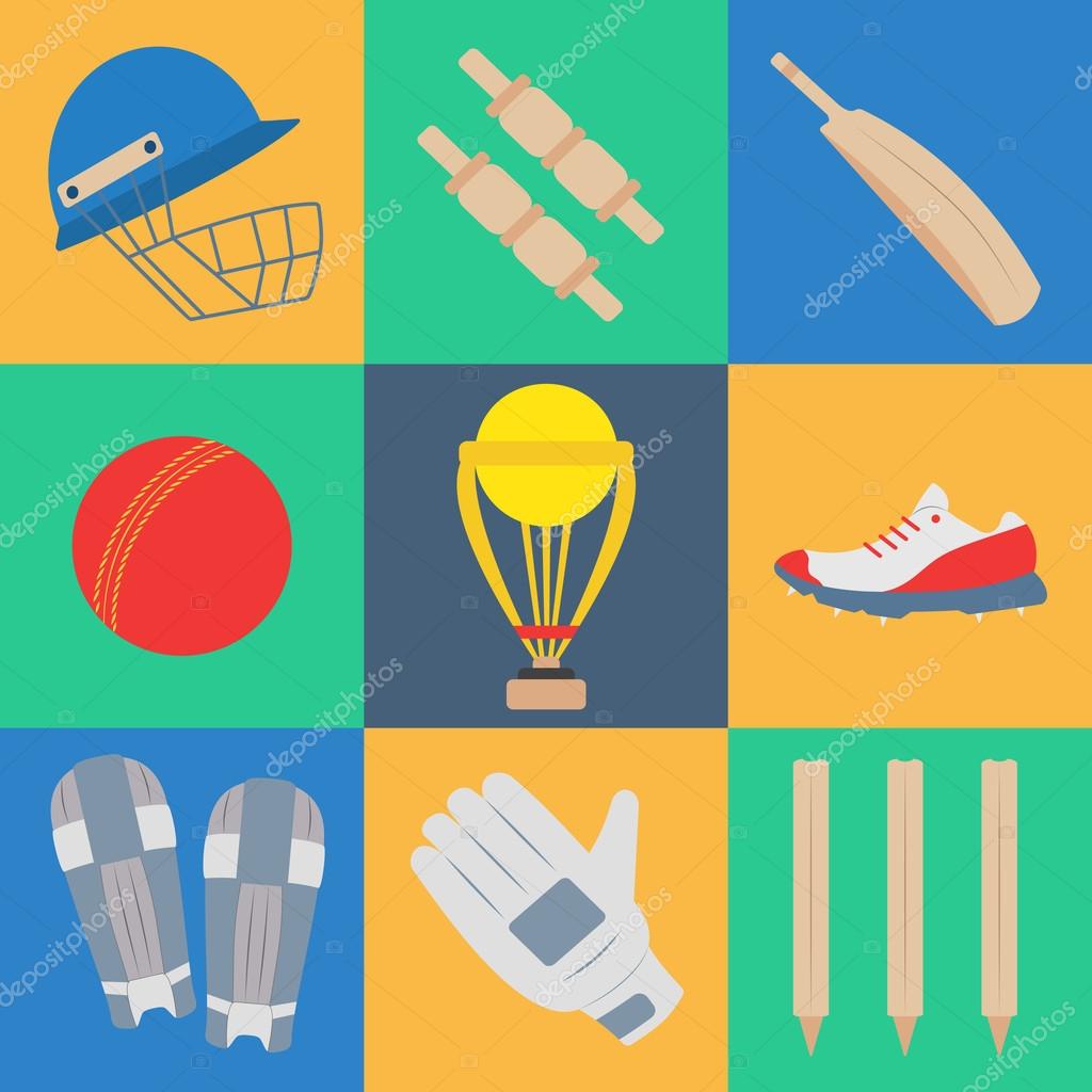 Cricket game equipment, flat icons composition. Professional sport theme. Unique, modern set isolated on background. Vector concept.
