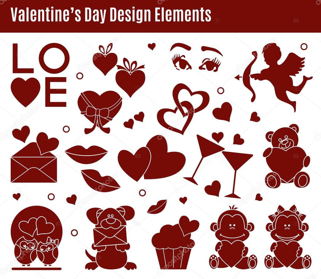 Collection of Valentines Day design elements isolated on white background.