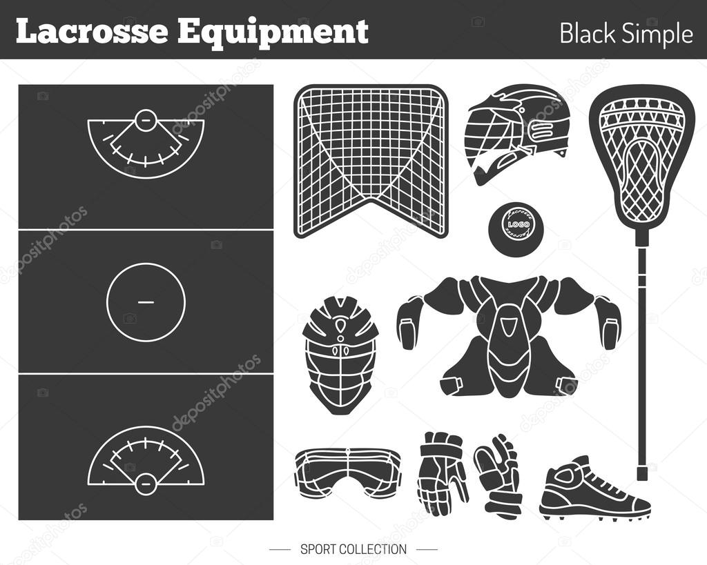 Collection of lacrosse game equipment silhouettes isolated elements on white background. Black simple style. Professional sport concept and design elements for web sites, mobile and web applications.
