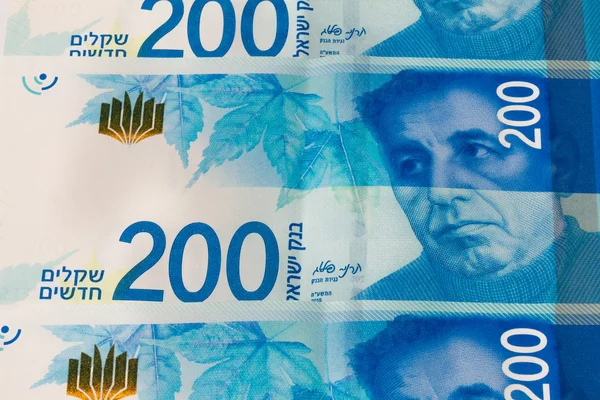 Stack of Israeli money bills of 200 shekel - top view — Stock Photo, Image