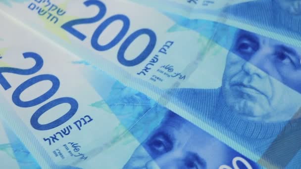 Billetes giratorios israelíes de 200 shekel - vista superior — Vídeos de Stock