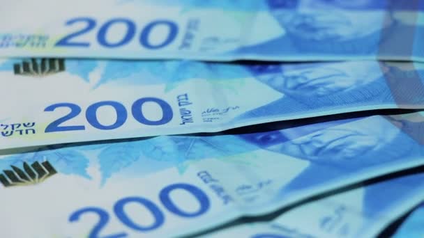 Rotující izraelské peníze směnky 200 šekelu — Stock video