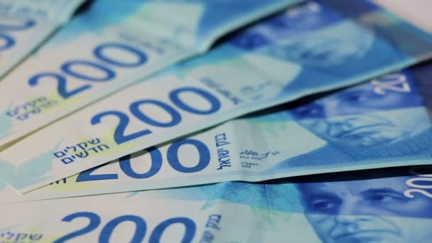 Contas de dinheiro israelitas rotativas de 200 shekel — Vídeo de Stock