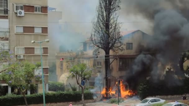 Burning cypress träd i flammande lågor på bakgården av ett hus till följd av kortslutning — Stockvideo