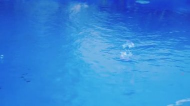 Sabun kabarcıkları bir yüzme havuzu üzerinde sinek ve su üzerinde atlama