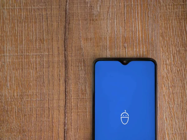 2020年7月8日 木製の背景に黒い携帯電話のスマートフォンのディスプレイ上のロゴとロビンアプリの起動画面 コピースペース付きのトップビューフラットレイ — ストック写真