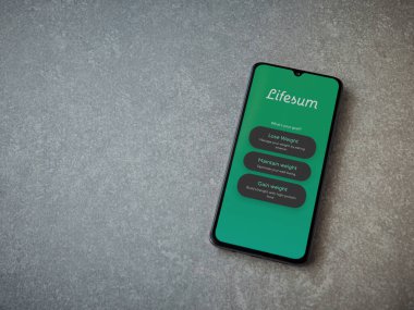 Lod, Israel - 8 Temmuz 2020: Seramik taş zemin üzerinde siyah bir cep telefonunun logosu olan Lifesum uygulaması fırlatma ekranı. Üst görünüm düzlüğü kopyalama alanı ile yatıyordu.