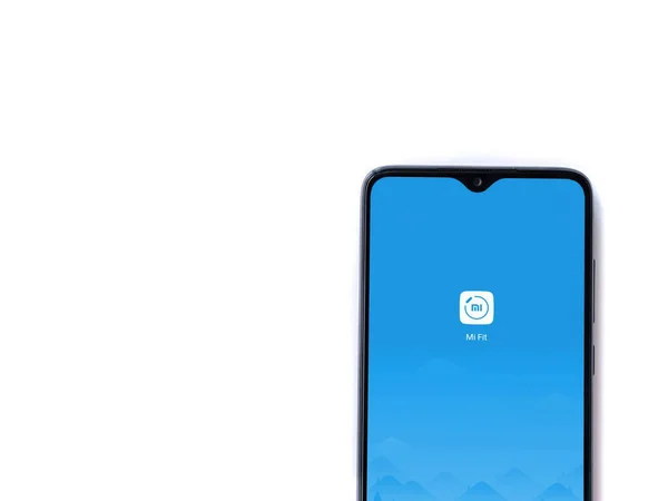 Lod Israel 2020年7月8日 Fitアプリは白い背景に隔離された黒い携帯電話のディスプレイにロゴを表示して画面を起動します コピースペース付きのトップビューフラットレイ — ストック写真