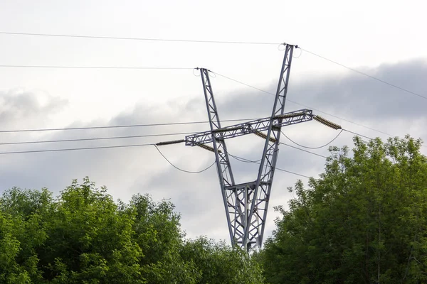 Вежа високовольтної лінії електропередач над лісом — стокове фото