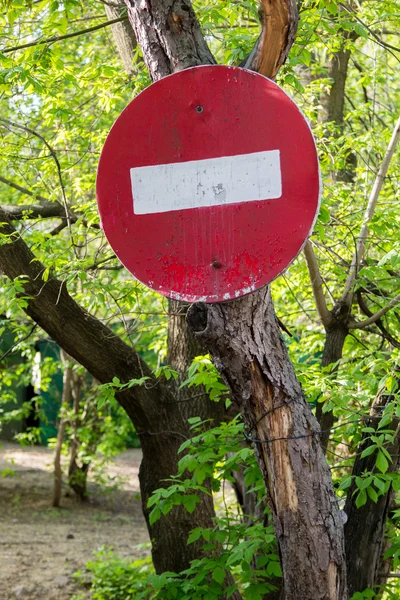 Viejo letrero de "no entrar" con pintura pelada en el árbol — Foto de Stock